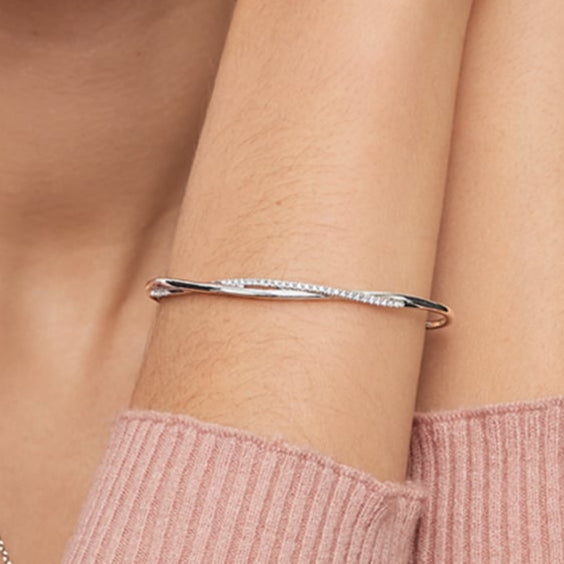 925 Sterling Silver CZ Diamond Open Cuff Bracelet – Minimal Twisted Design