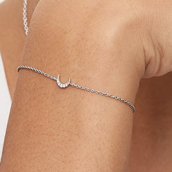 Dainty 925 Sterling Silver Moon Bracelet | Minimal CZ Crescent Charm