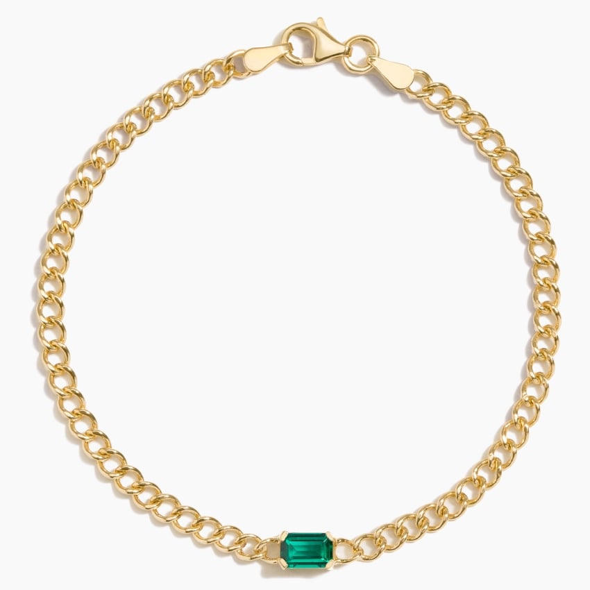 925 Sterling Silver Cuban Chain Bracelet with Green Emerald CZ