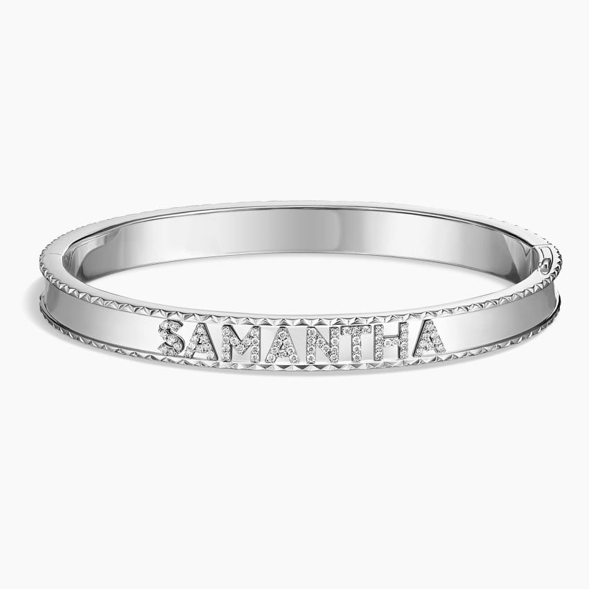 Personalized Name Bangle – Custom Engraved CZ Diamond Bracelet in 925 Sterling Silver