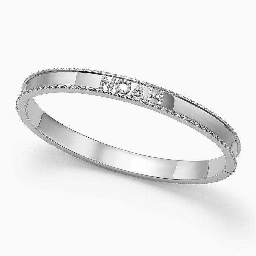 Personalized Name Bangle – Custom Engraved CZ Diamond Bracelet in 925 Sterling Silver
