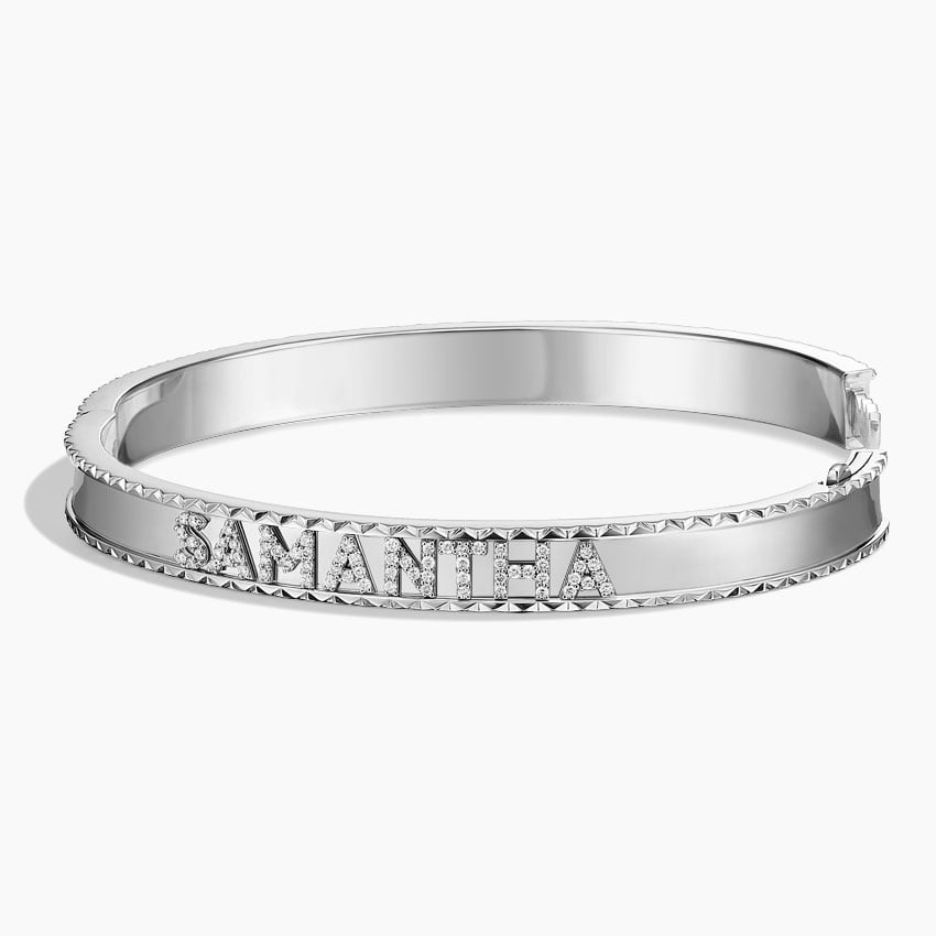 Personalized Name Bangle – Custom Engraved CZ Diamond Bracelet in 925 Sterling Silver